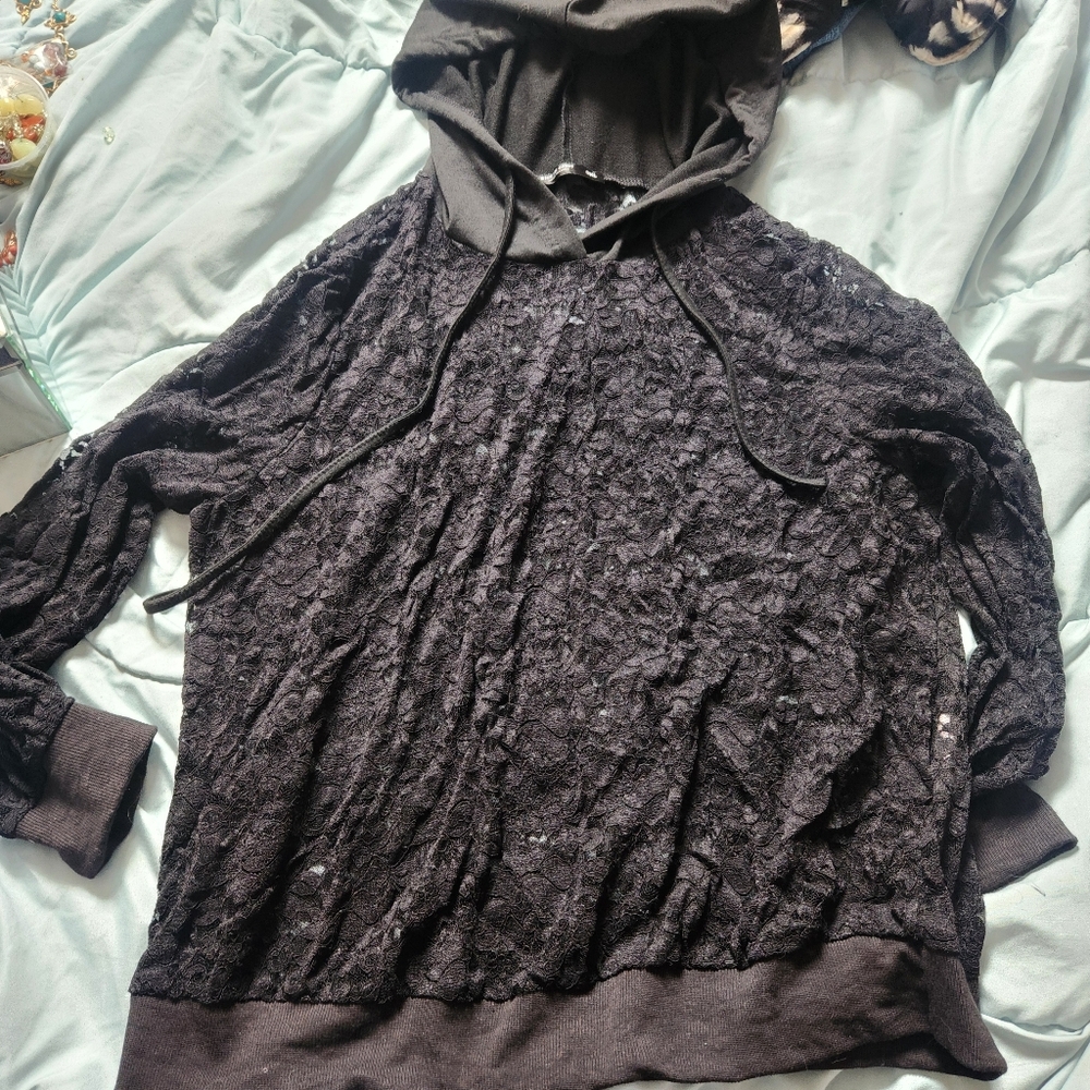 SHEIN Black Lace Hoodie Sweater